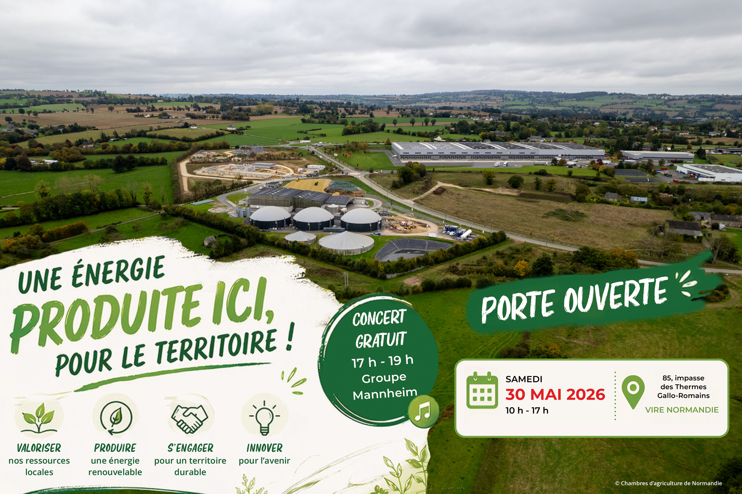 Porte ouverte de l'unité de méthanisation Agrigaz Vire, vue aérienne drone 7